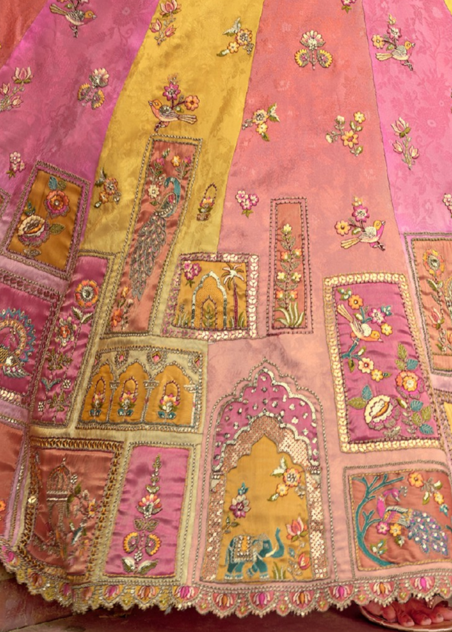 Coral Pink & Yellow Silk Bridal Lehenga Choli