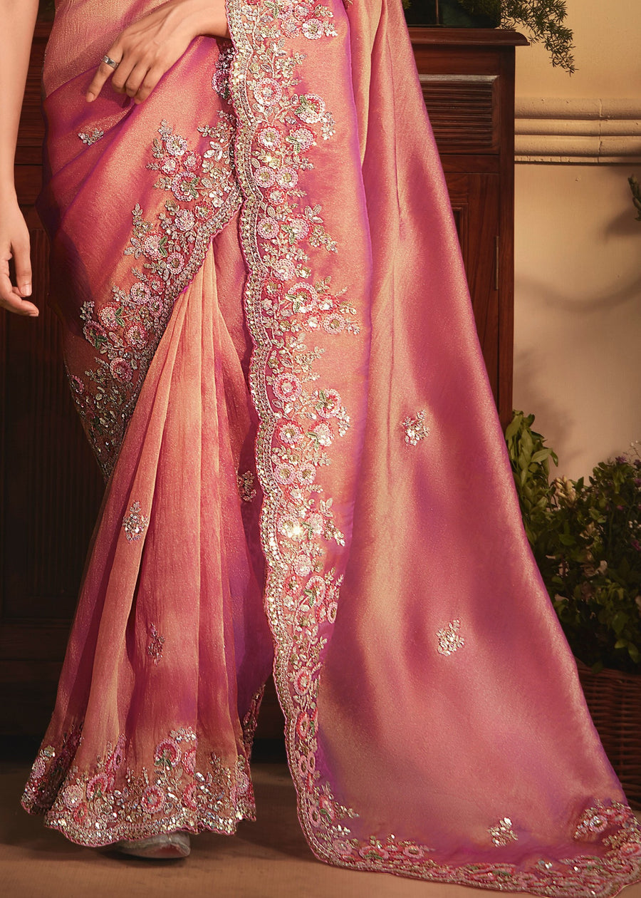 Rose Pink Organza Tissue Silk Saree With Embroidery Work