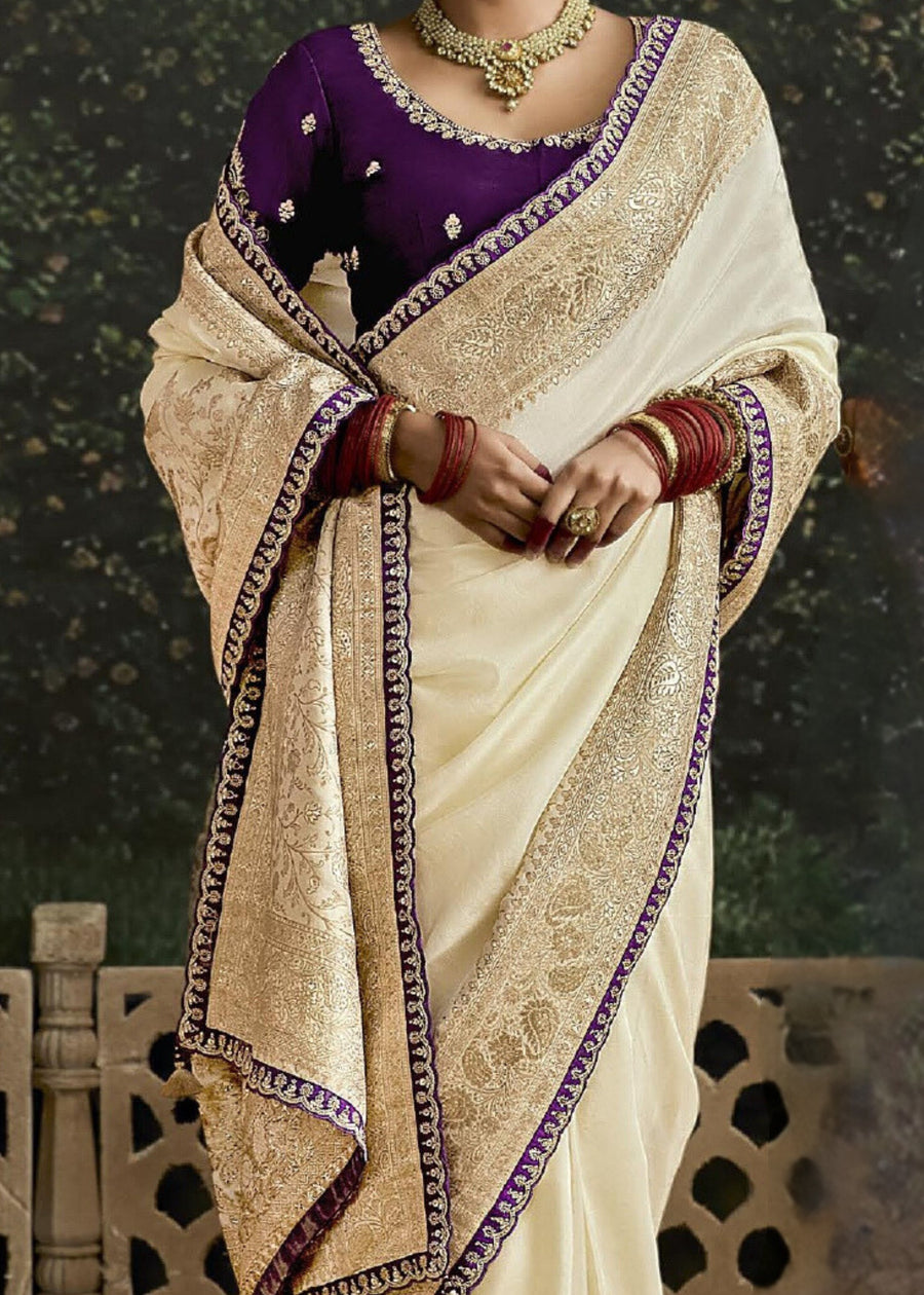 Off White Dola Banarasi Silk Saree & Beetroot Pink Embroidered Blouse