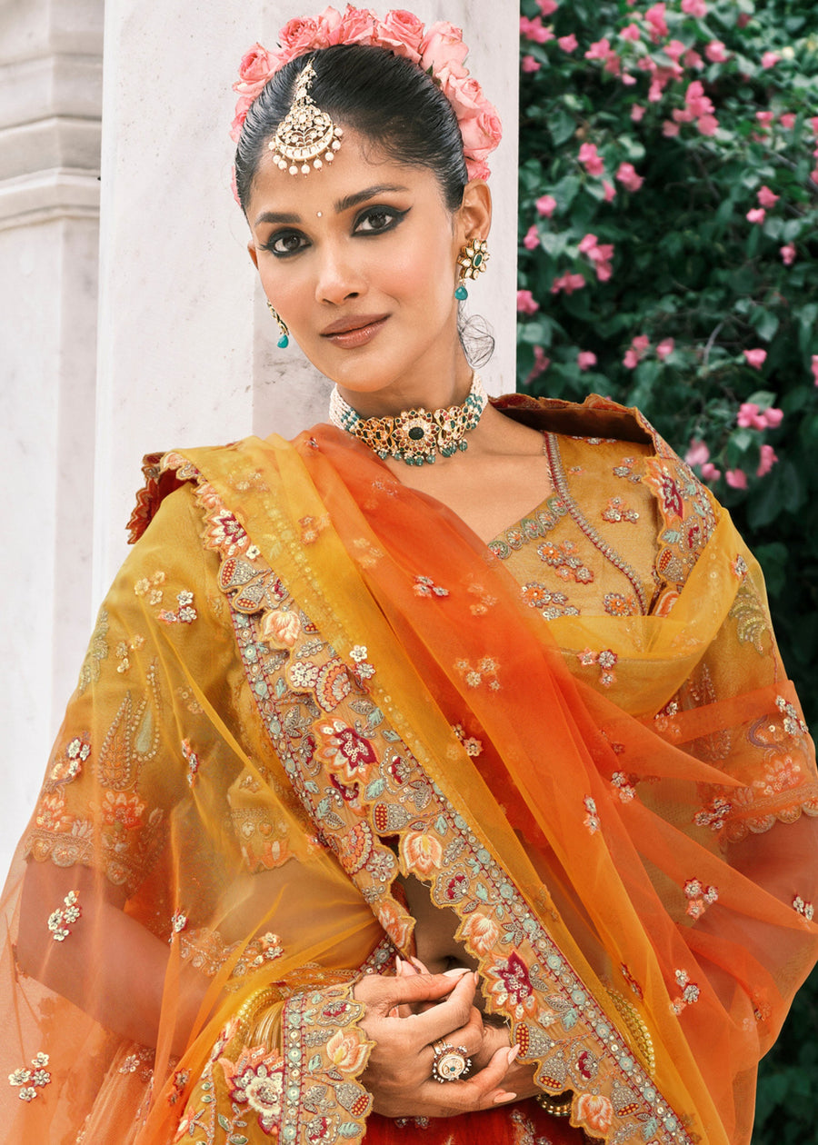 Orange & Yellow Ombre Effect Embroidered Banarasi Silk Lehenga Choli