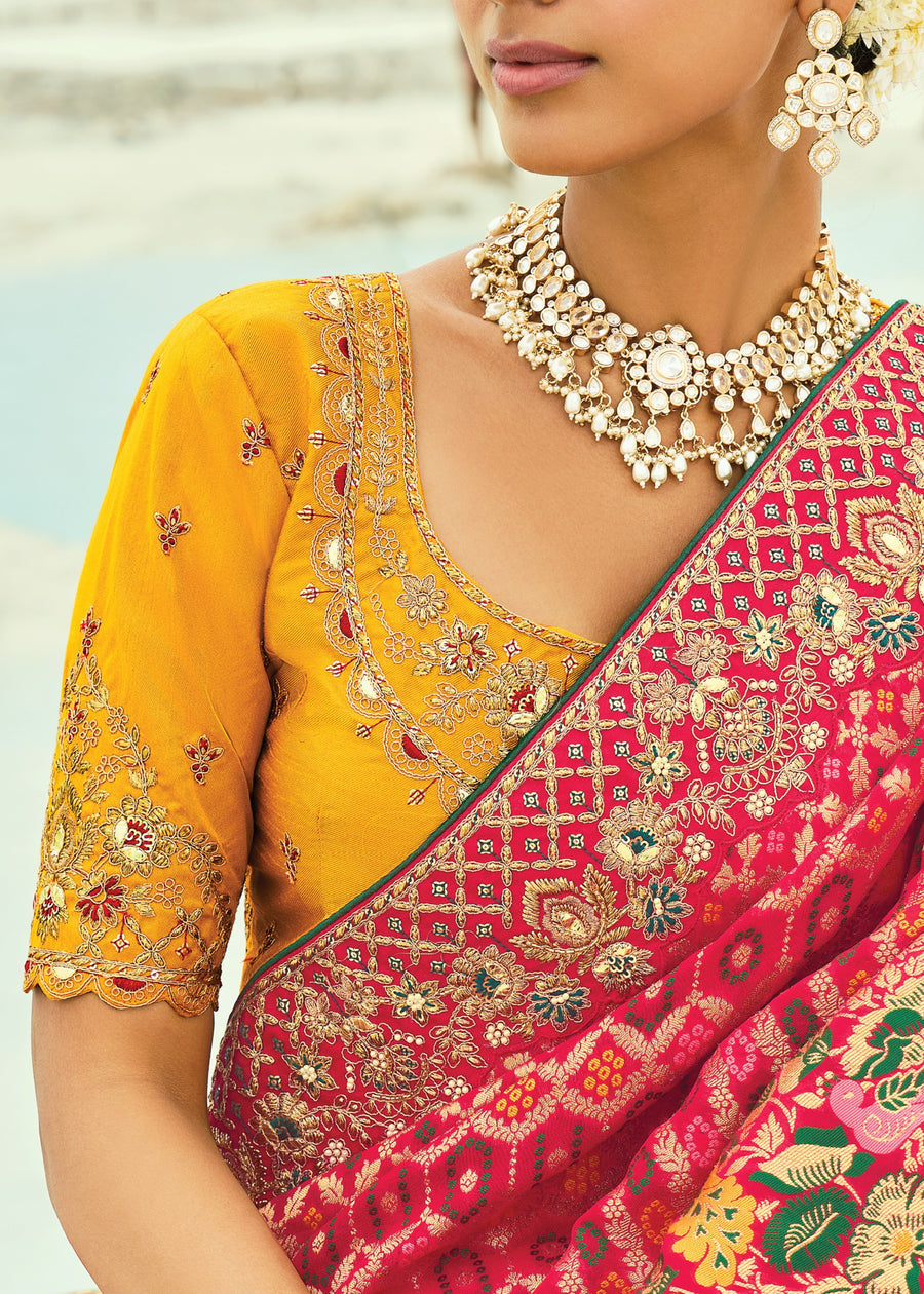Pinkish Red Khaddi Georgette Embroidered Bandhani Saree & Yellow Blouse