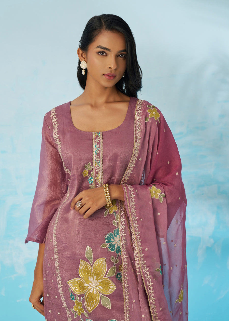 Mauve Purple Crushed Tissue Silk Ethnic Pant Style Suit With Dupatta