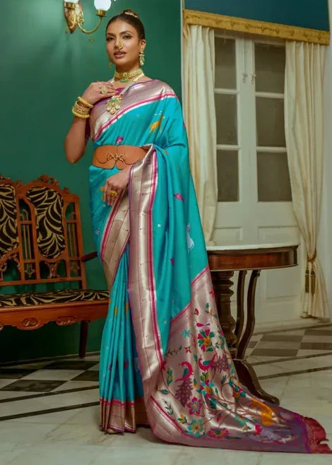 Turquoise Blue Paithani Silk Handloom Saree