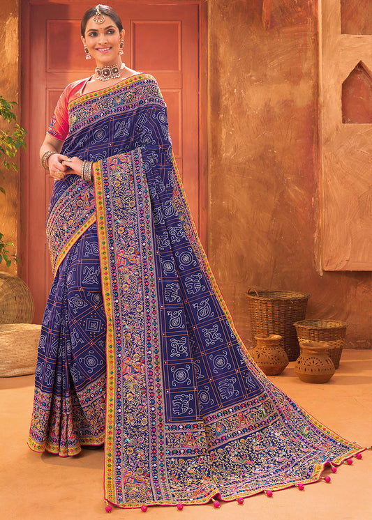 Hand Embroidery Gujarati Kutch Mirror Work Blue Banarasi Silk Saree