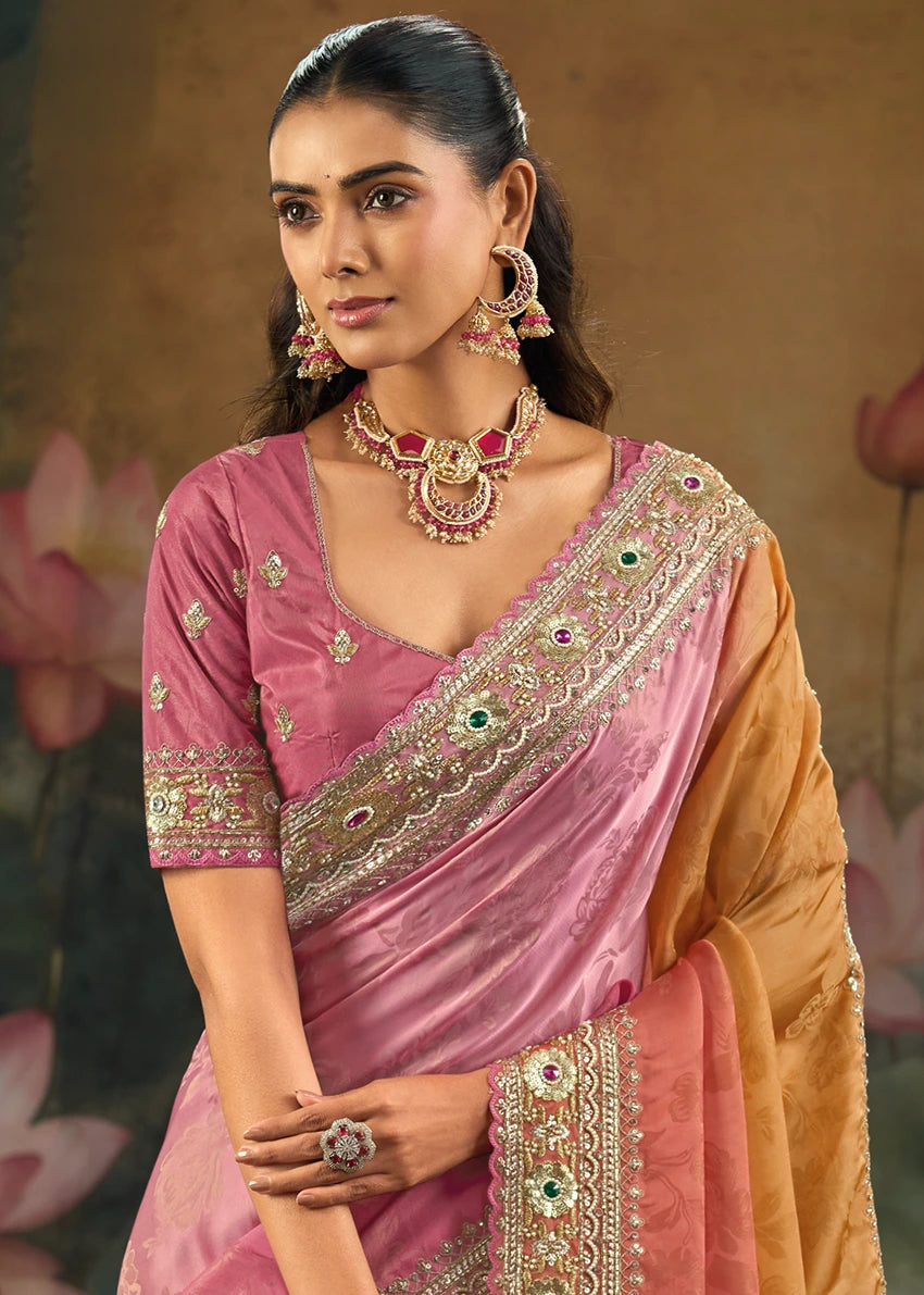 Banarasi Crepe Silk Coral Pink Peach & Yellow Multicolor Embroidered Saree