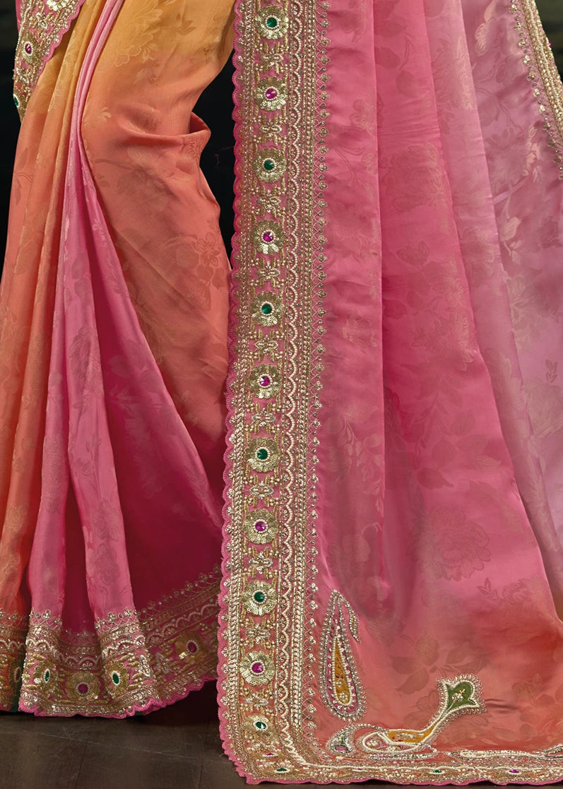 Banarasi Crepe Silk Coral Pink Peach & Yellow Multicolor Embroidered Saree