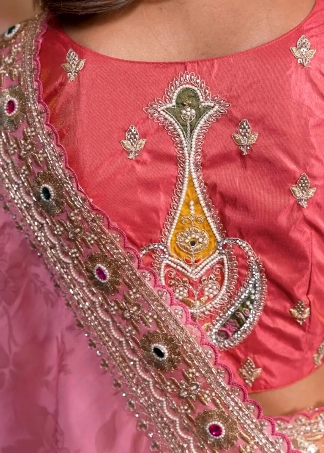 Banarasi Crepe Silk Coral Pink Peach & Yellow Multicolor Embroidered Saree