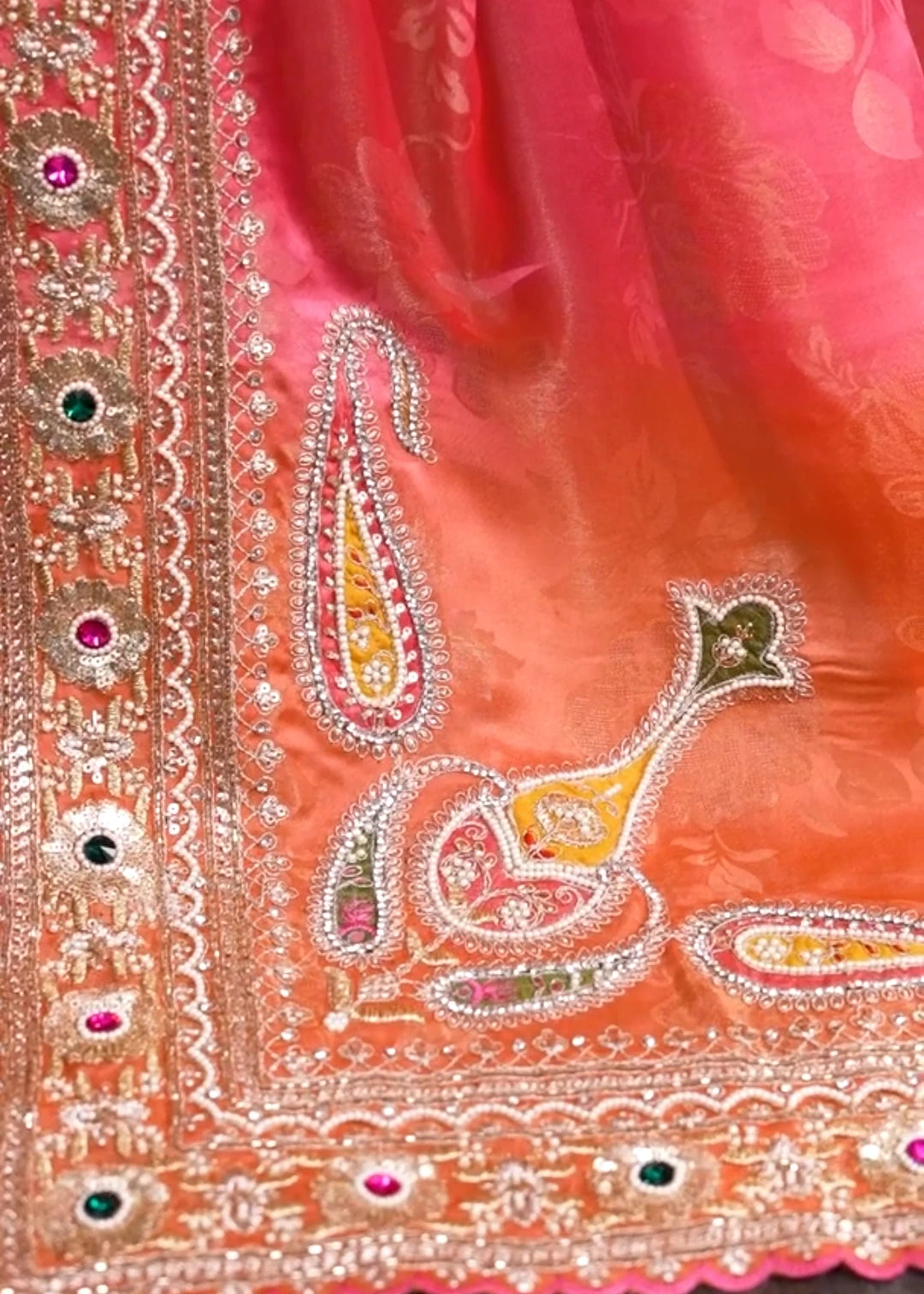 Banarasi Crepe Silk Coral Pink Peach & Yellow Multicolor Embroidered Saree