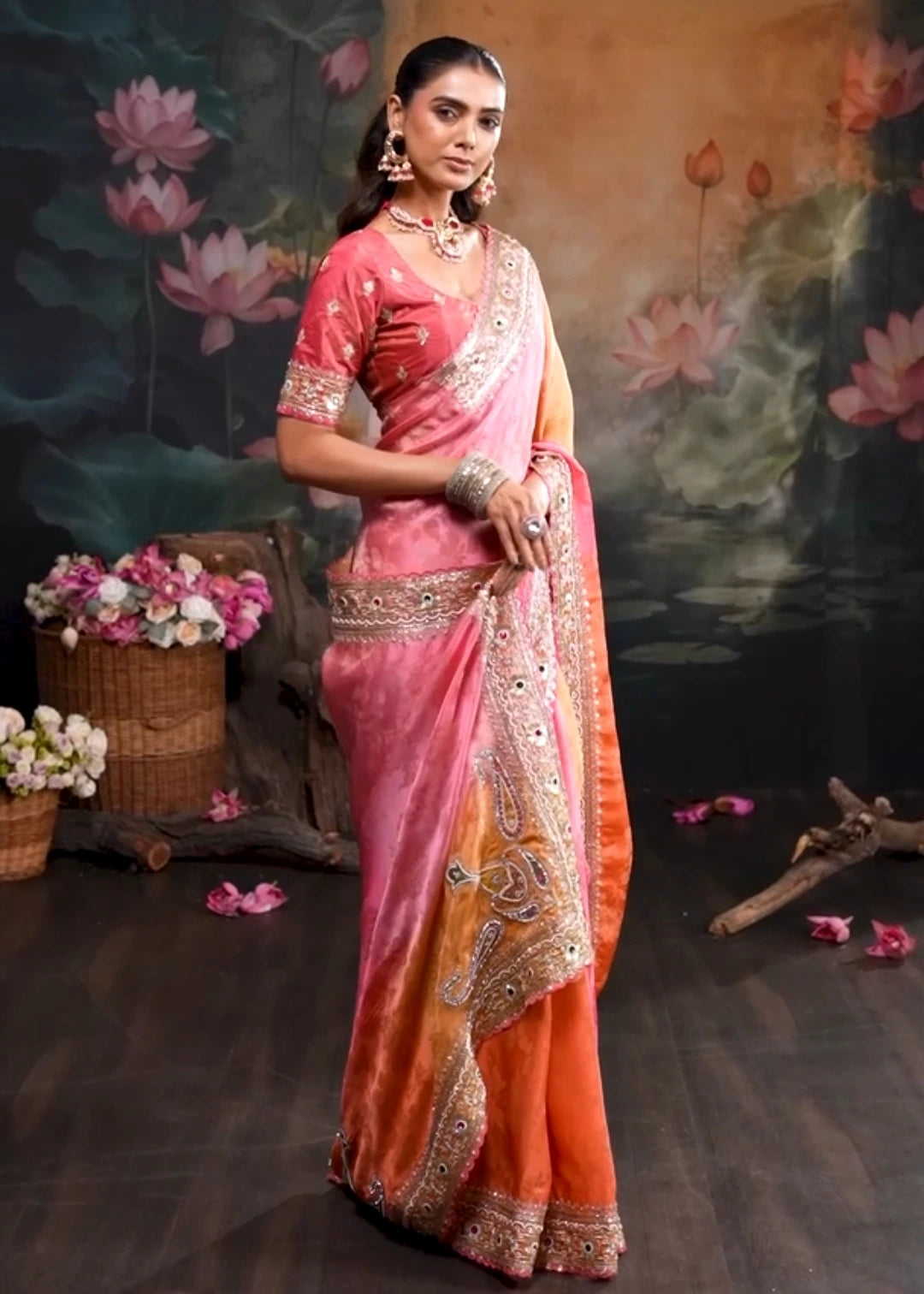 Banarasi Crepe Silk Coral Pink Peach & Yellow Multicolor Embroidered Saree