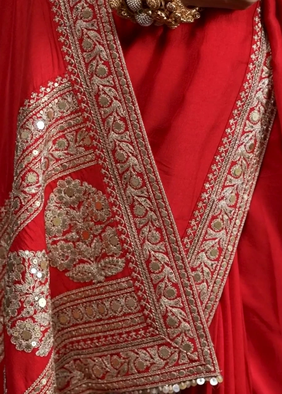 Pure Muga Silk Red & Golden Embroidered Bridal Saree