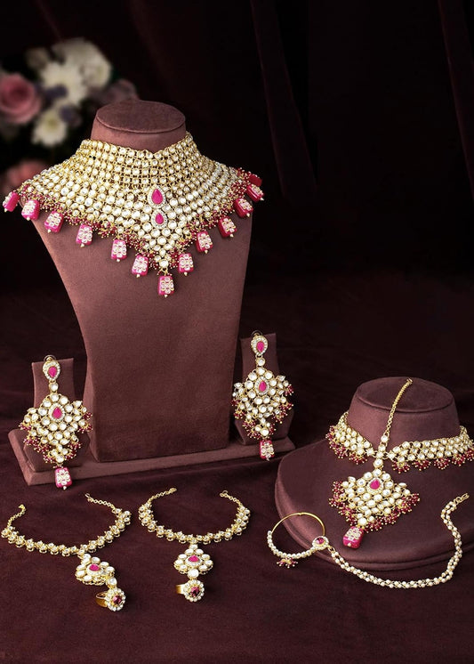 Kundan Bridal Jewellery Necklace Set With Earrings, Maang Tikka, Hathphool & Nose Ring (Pink)