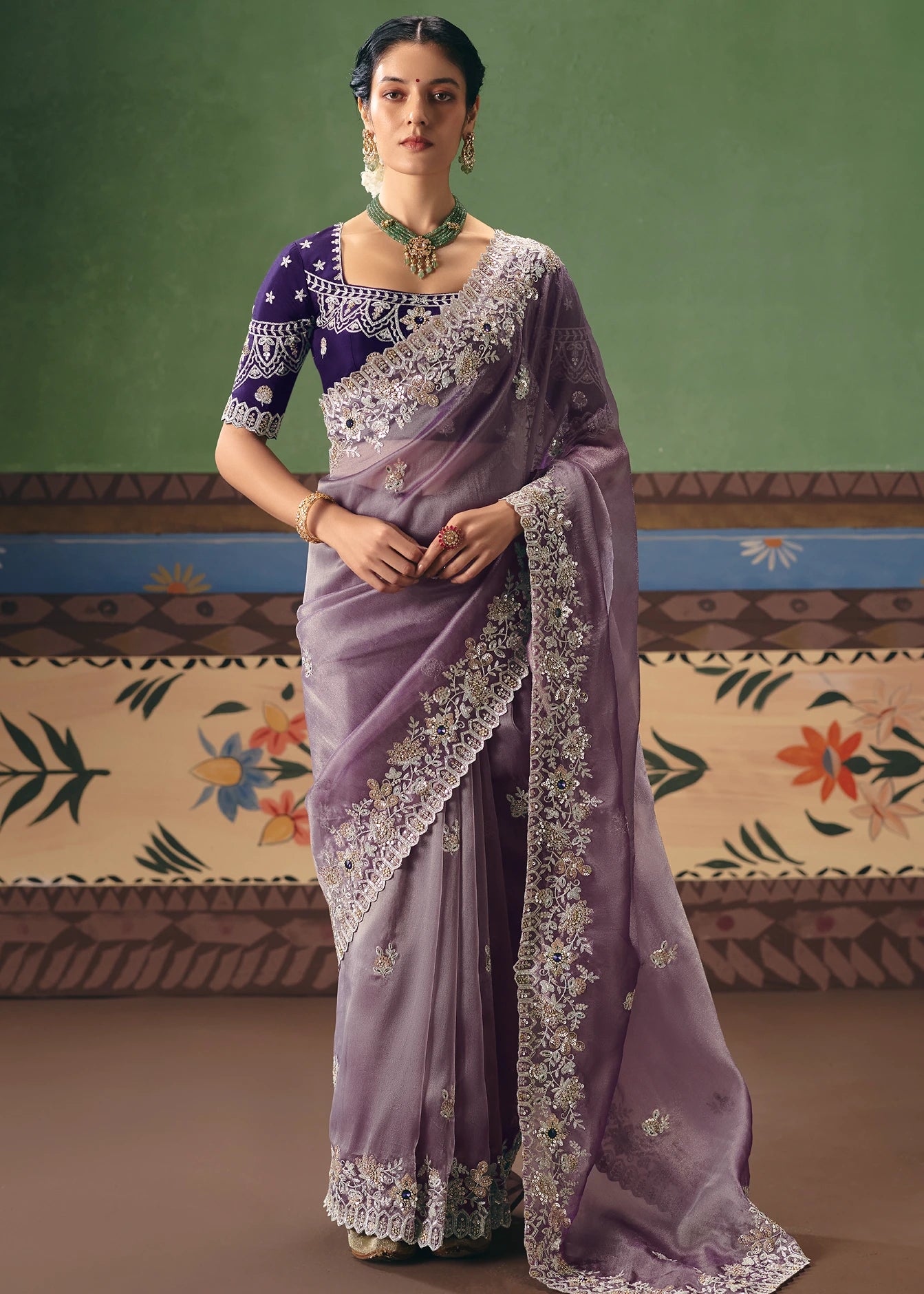 Crushed Organza Tissue Silk Lavender Purple Embroidered Saree & Violet Blouse