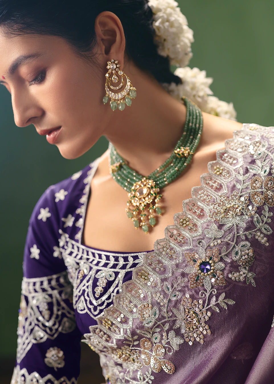 Crushed Organza Tissue Silk Lavender Purple Embroidered Saree & Violet Blouse