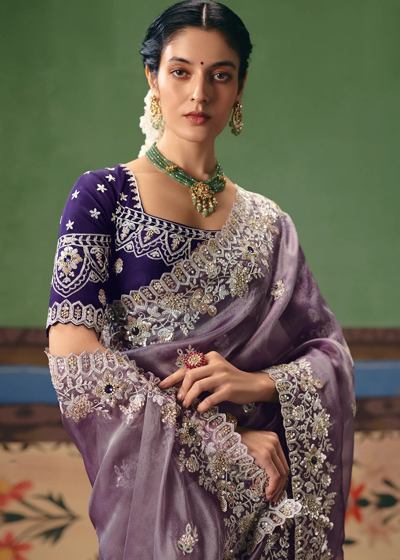Crushed Organza Tissue Silk Lavender Purple Embroidered Saree & Violet Blouse