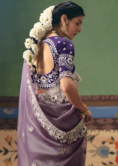 Crushed Organza Tissue Silk Lavender Purple Embroidered Saree & Violet Blouse