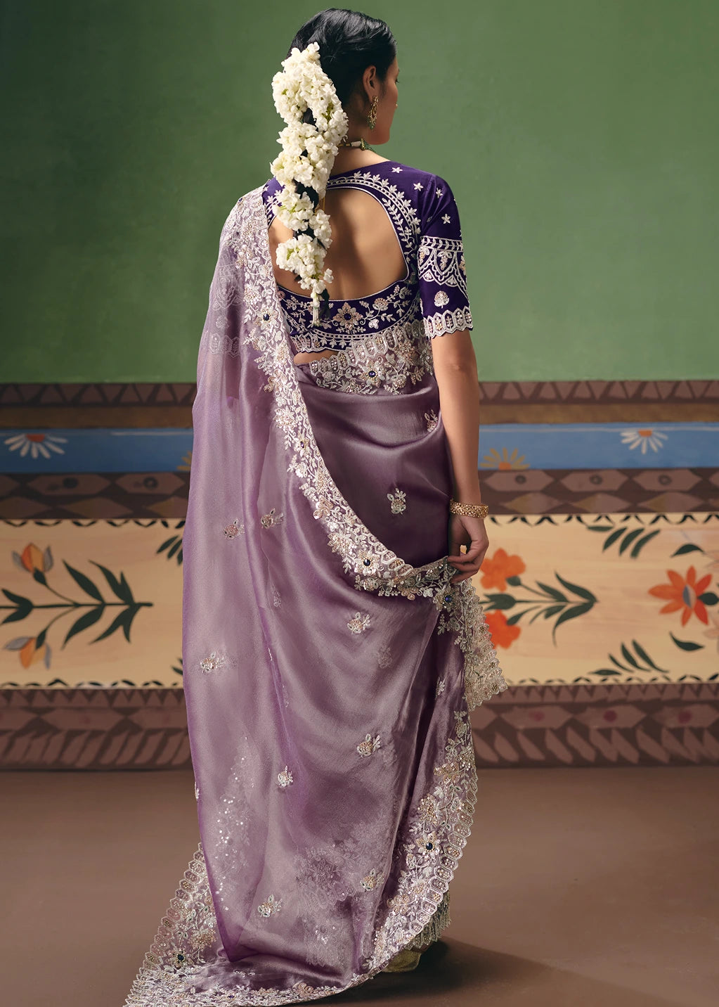 Crushed Organza Tissue Silk Lavender Purple Embroidered Saree & Violet Blouse