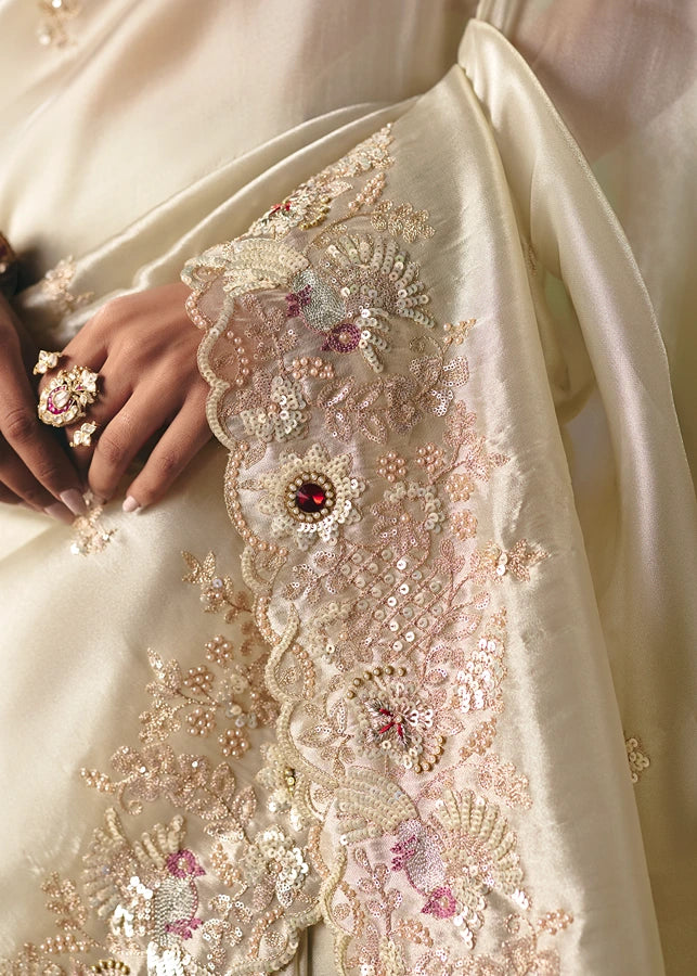 Crushed Organza Tissue Silk Off White Embroidered Saree & Purple Blouse