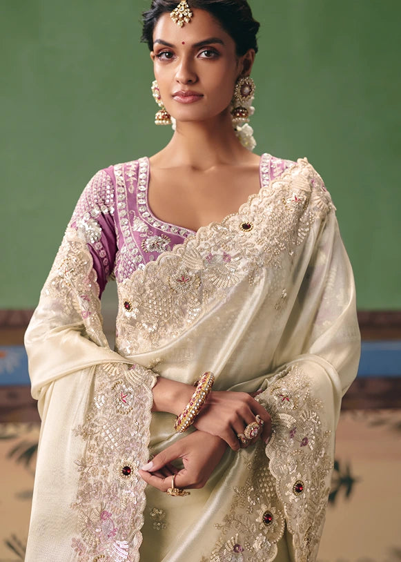 Crushed Organza Tissue Silk Off White Embroidered Saree & Purple Blouse