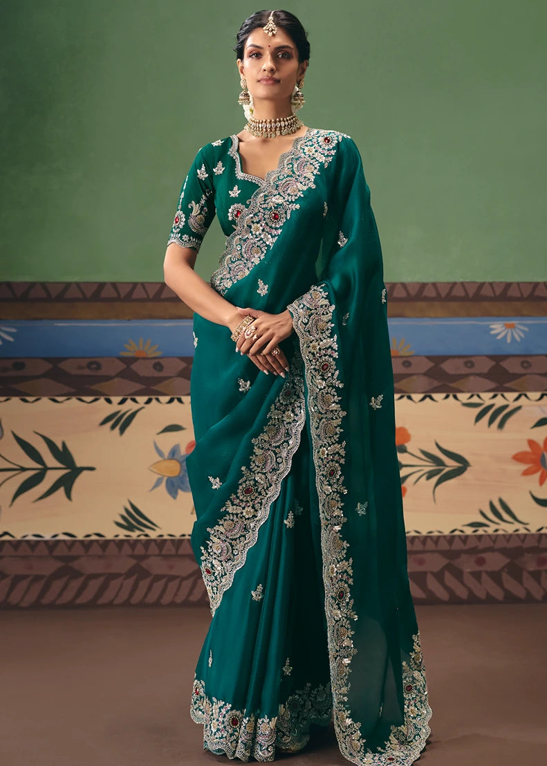 Organza Tissue Silk Dark Green Embroidered Bridal Saree