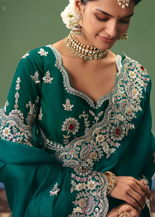 Organza Tissue Silk Dark Green Embroidered Bridal Saree
