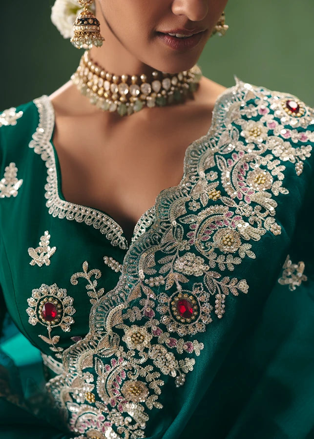 Organza Tissue Silk Dark Green Embroidered Bridal Saree
