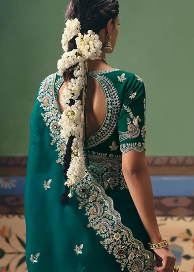 Organza Tissue Silk Dark Green Embroidered Bridal Saree