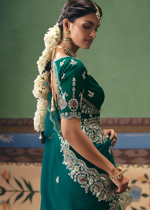 Organza Tissue Silk Dark Green Embroidered Bridal Saree
