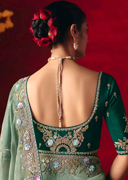 Designer Crushed Sea Green Organza Tissue Silk Embroidered Saree