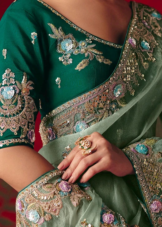 Designer Crushed Sea Green Organza Tissue Silk Embroidered Saree