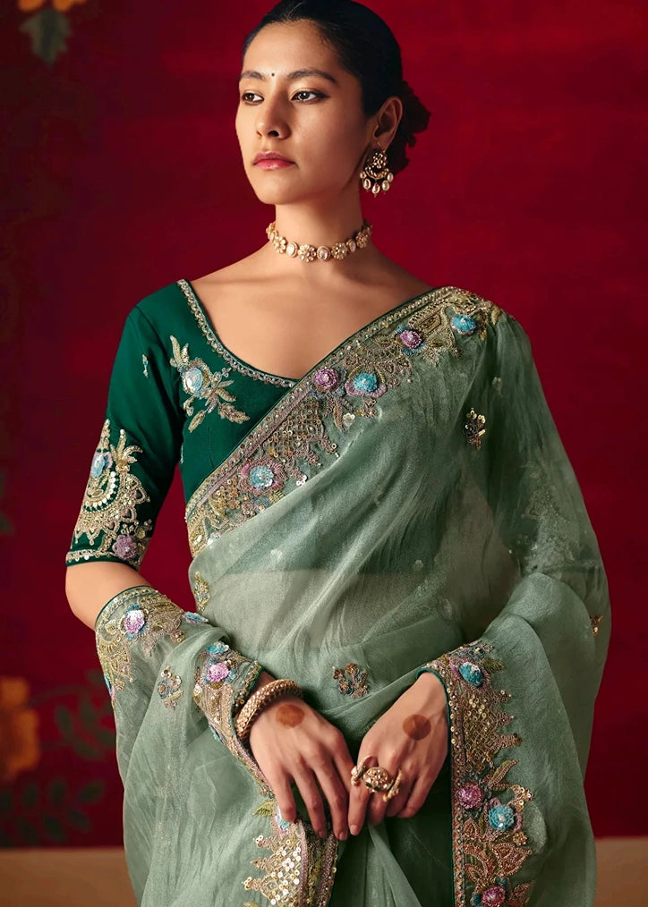 Designer Crushed Sea Green Organza Tissue Silk Embroidered Saree