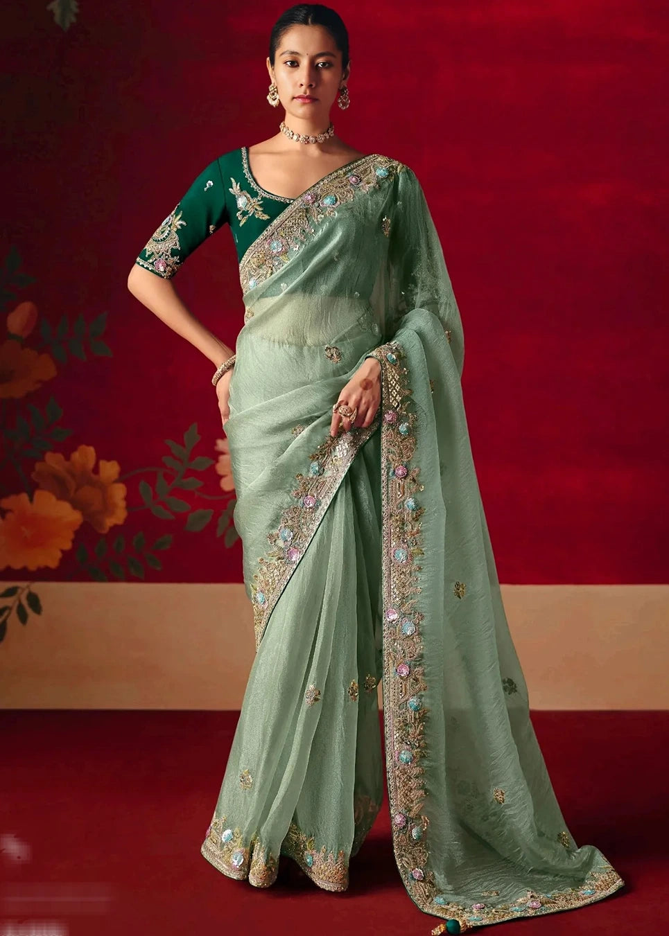 Designer Crushed Sea Green Organza Tissue Silk Embroidered Saree