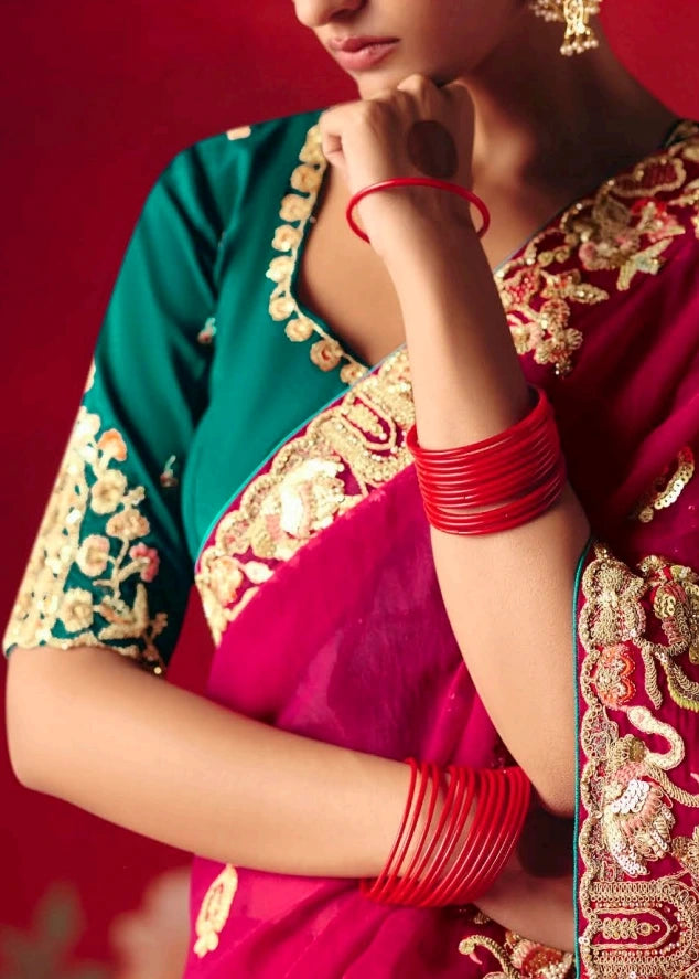 Designer Crushed Red Organza Tissue Silk Embroidered Saree & Green Blouse