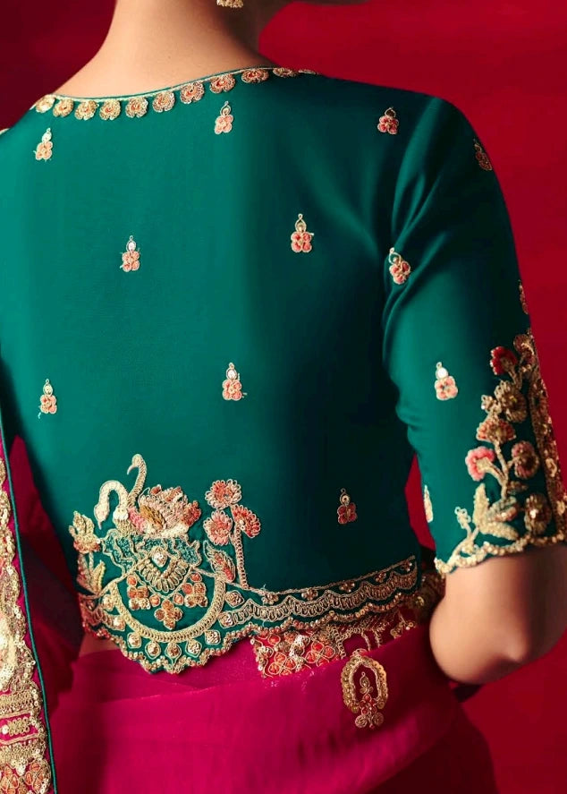 Designer Crushed Red Organza Tissue Silk Embroidered Saree & Green Blouse