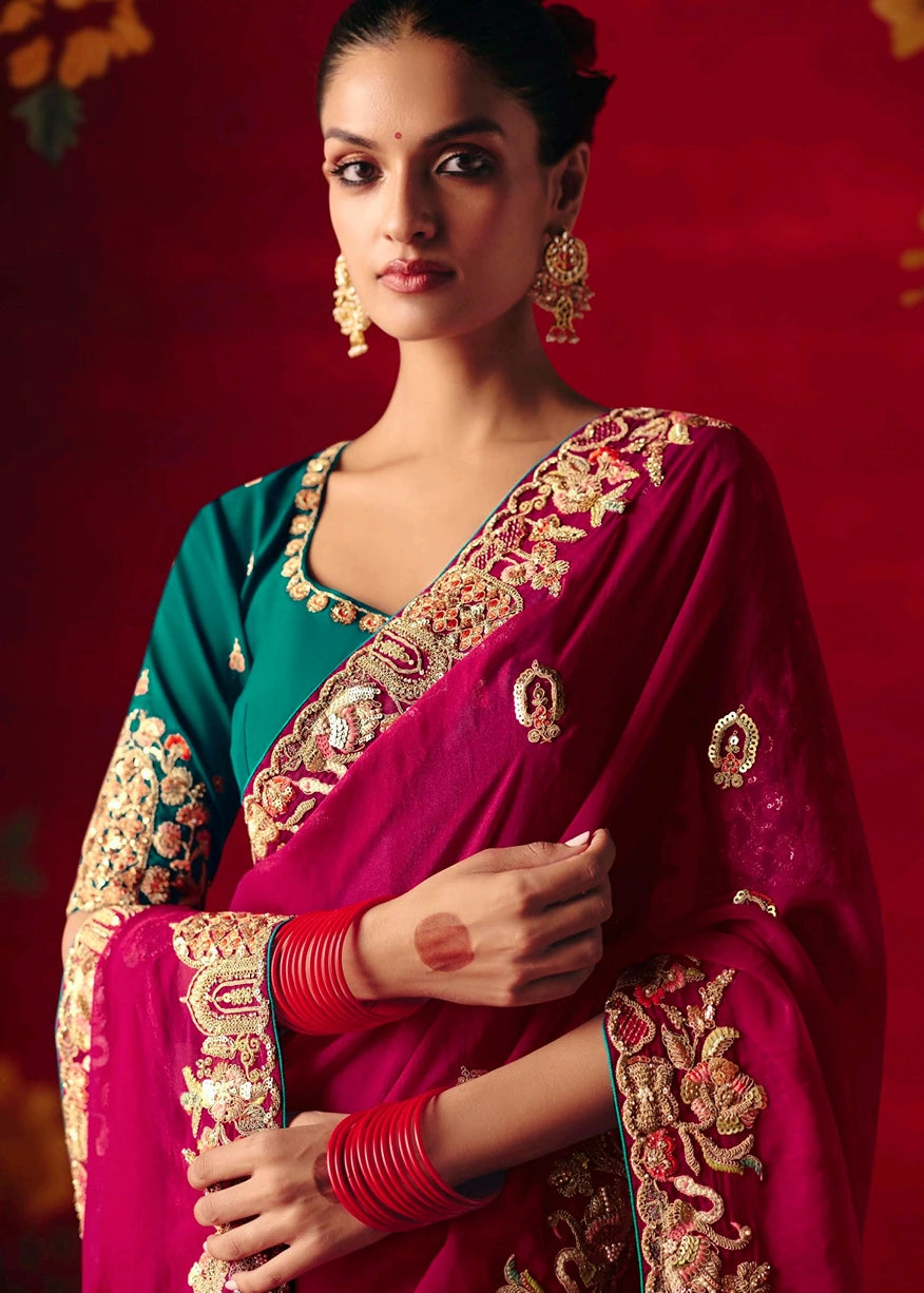 Designer Crushed Red Organza Tissue Silk Embroidered Saree & Green Blouse