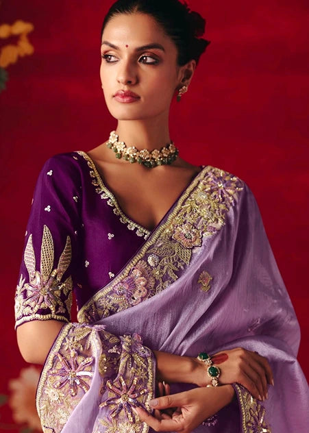 Designer Crushed Lavender Purple Organza Tissue Silk Embroidered Saree & Violet Blouse