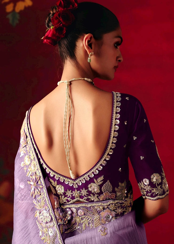 Designer Crushed Lavender Purple Organza Tissue Silk Embroidered Saree & Violet Blouse