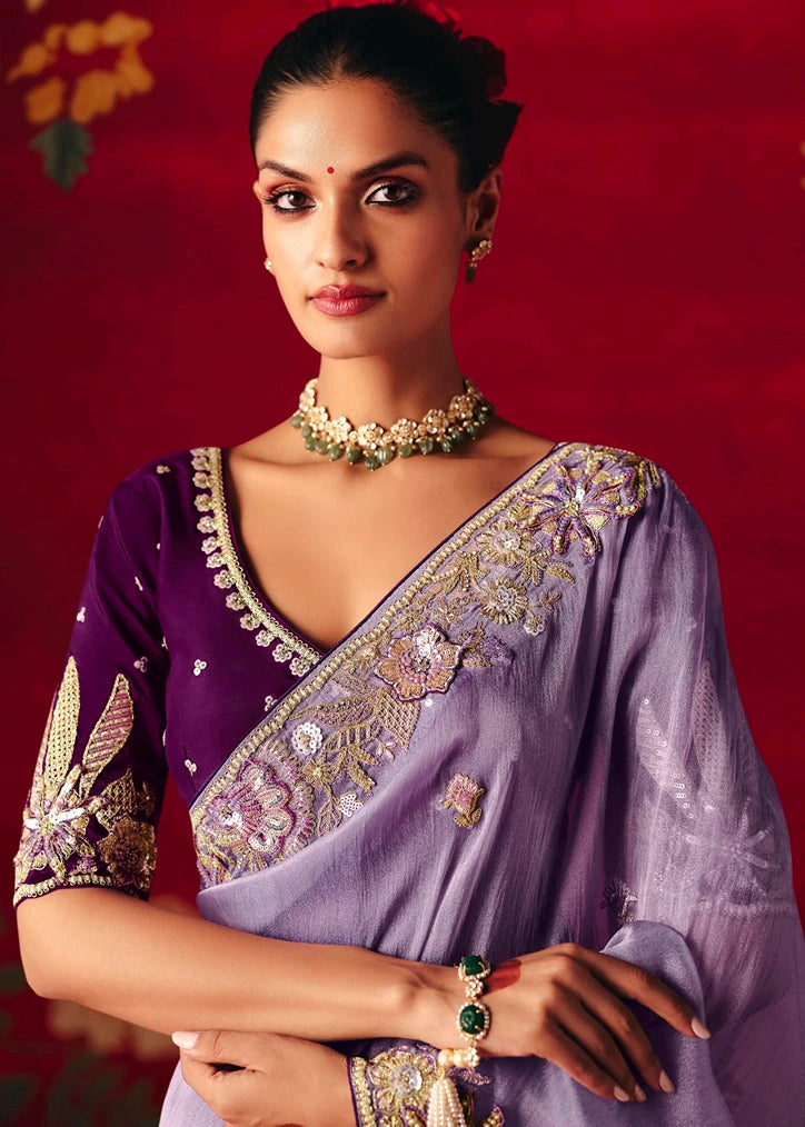 Designer Crushed Lavender Purple Organza Tissue Silk Embroidered Saree & Violet Blouse