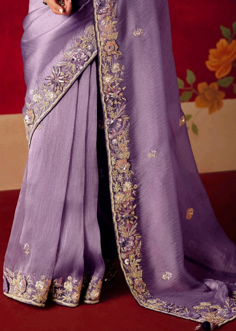 Designer Crushed Lavender Purple Organza Tissue Silk Embroidered Saree & Violet Blouse