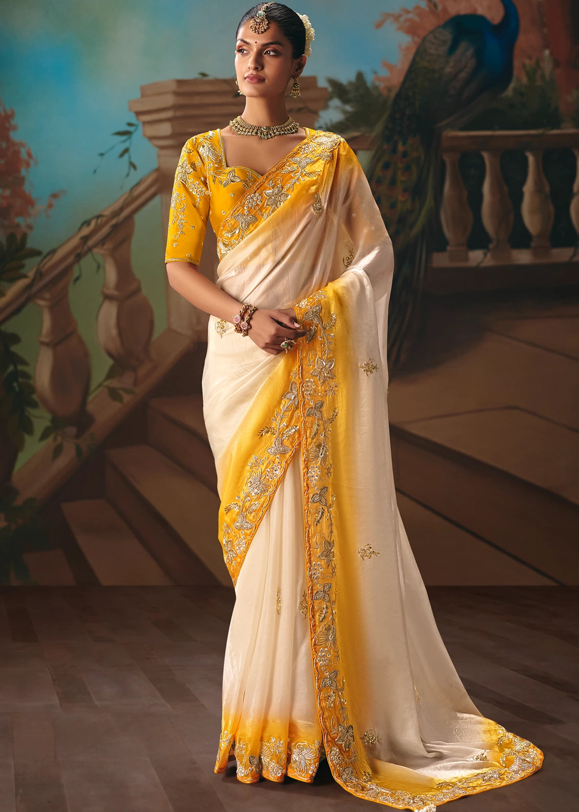 Off White and Yellow Organza Tissue Silk Embroidered Bridal Saree