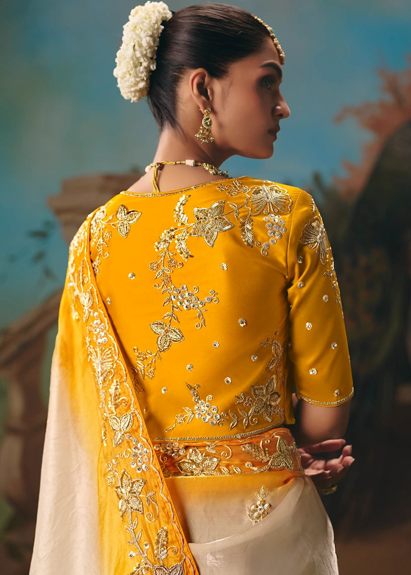Off White and Yellow Organza Tissue Silk Embroidered Bridal Saree
