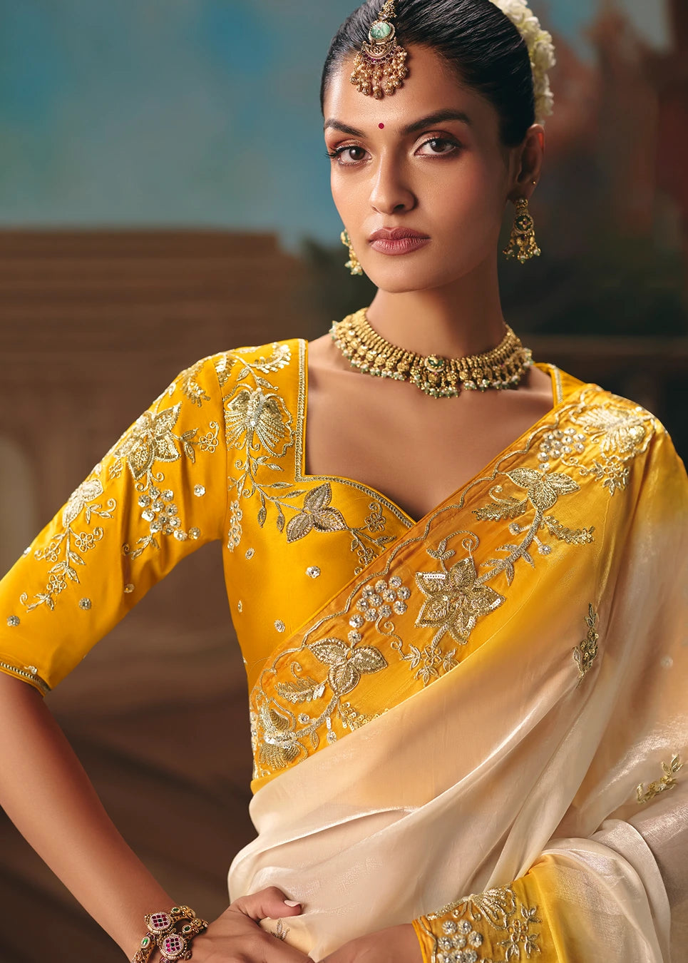 Off White and Yellow Organza Tissue Silk Embroidered Bridal Saree