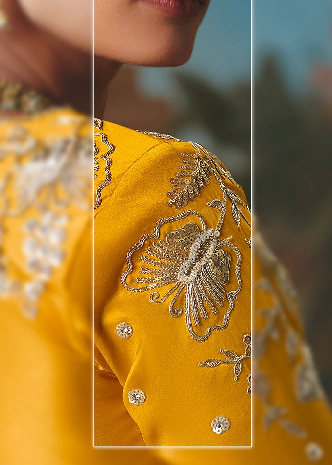 Off White and Yellow Organza Tissue Silk Embroidered Bridal Saree