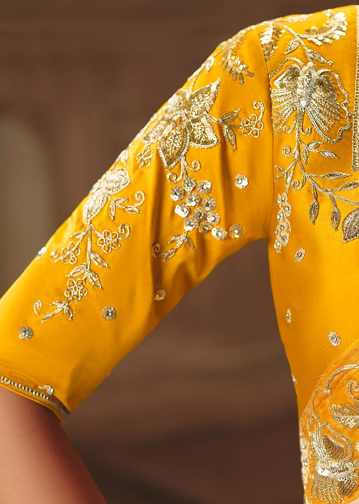 Off White and Yellow Organza Tissue Silk Embroidered Bridal Saree