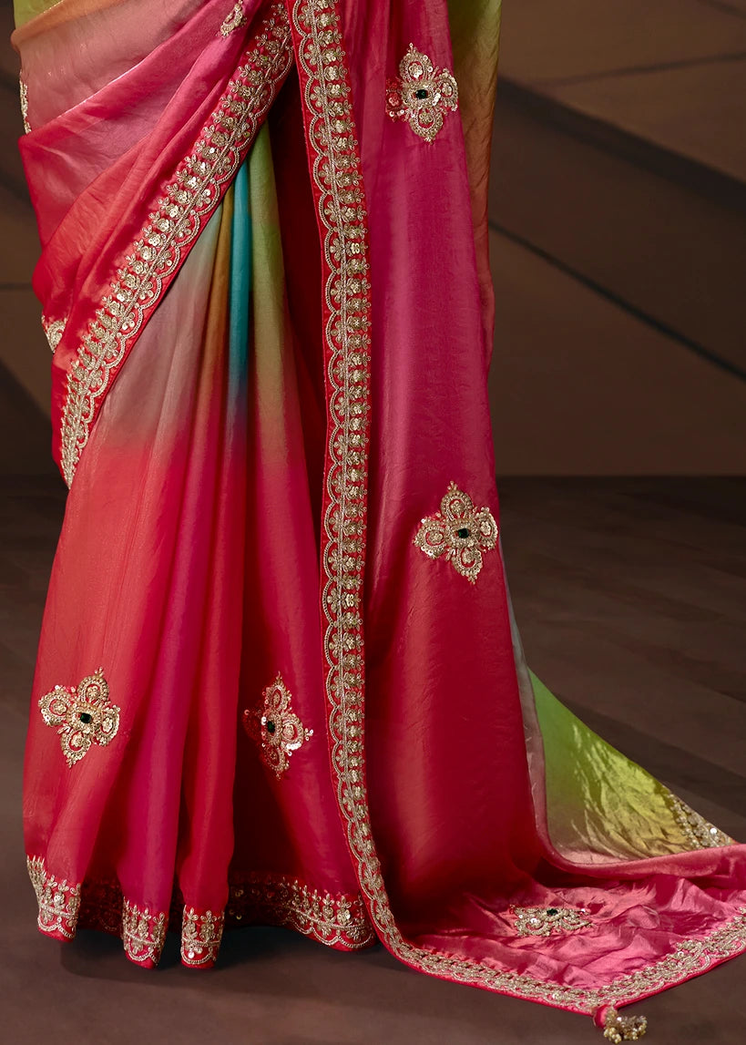 Multicolor Organza Tissue Silk Embroidered Bridal Saree With Pink Bandhani Blouse
