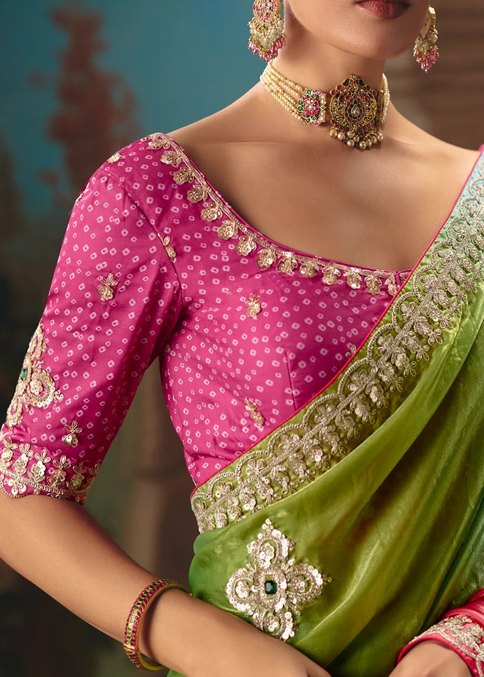 Multicolor Organza Tissue Silk Embroidered Bridal Saree With Pink Bandhani Blouse