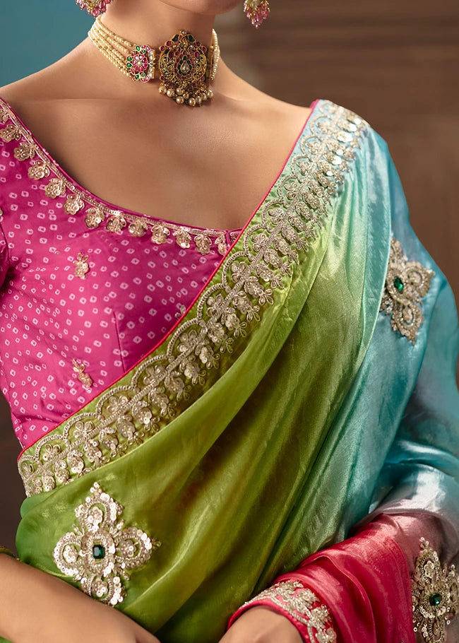 Multicolor Organza Tissue Silk Embroidered Bridal Saree With Pink Bandhani Blouse