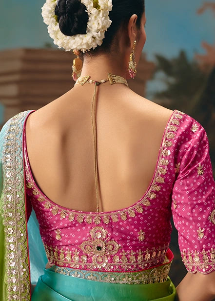 Multicolor Organza Tissue Silk Embroidered Bridal Saree With Pink Bandhani Blouse