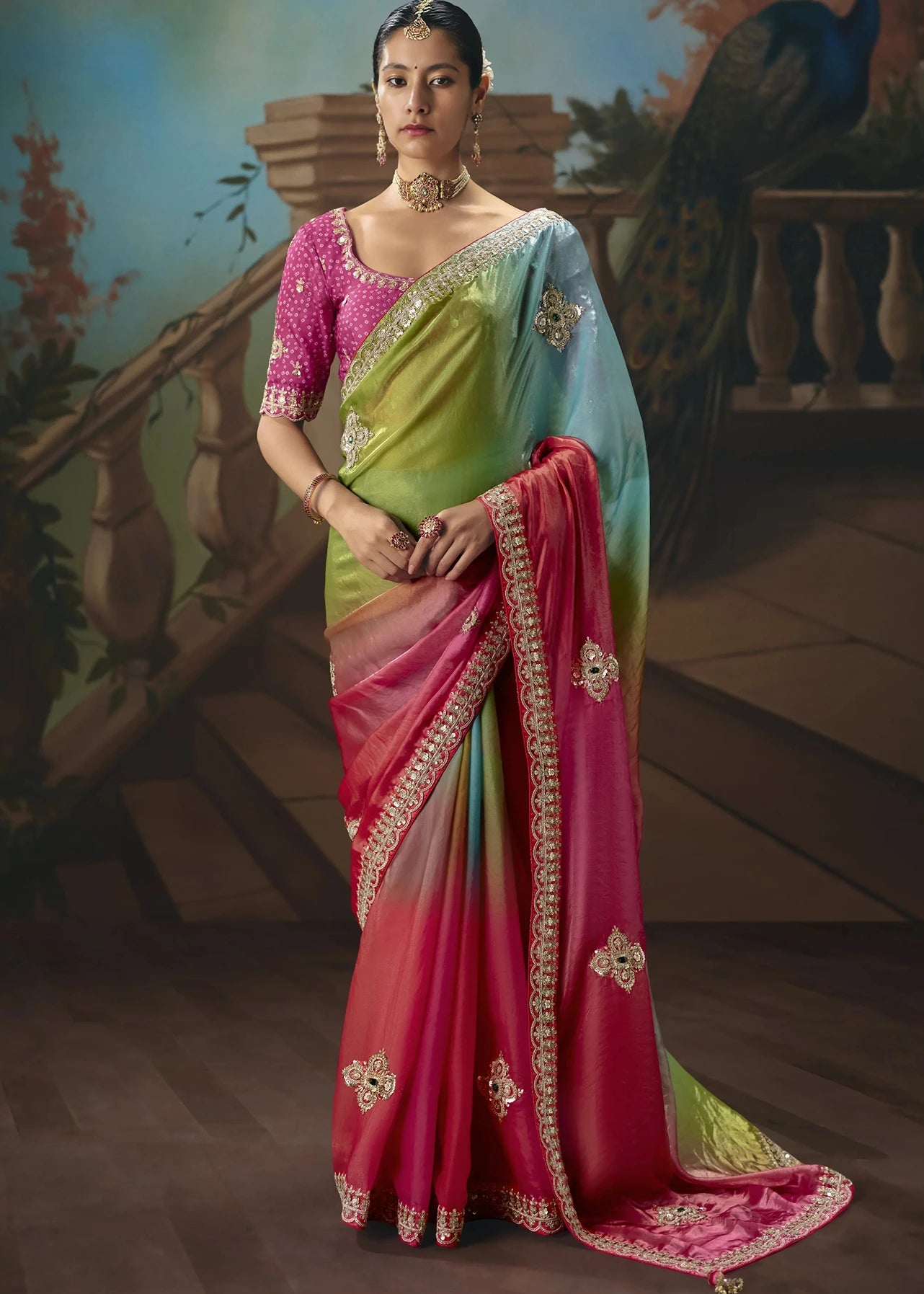 Multicolor Organza Tissue Silk Embroidered Bridal Saree With Pink Bandhani Blouse