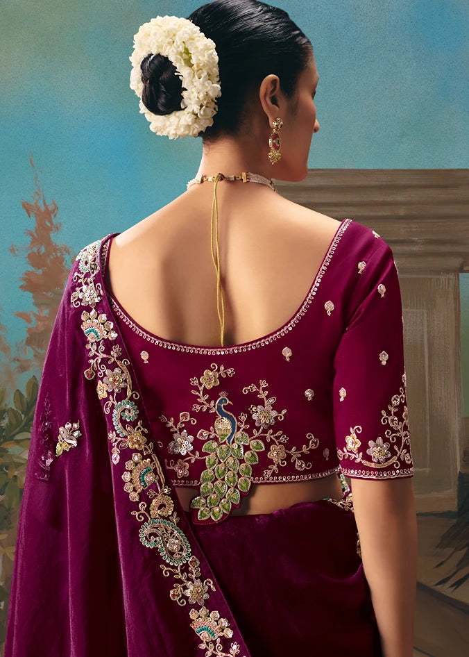 Wine Maroon Red Organza Tissue Silk Embroidered Bridal Saree