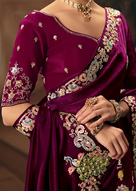 Wine Maroon Red Organza Tissue Silk Embroidered Bridal Saree